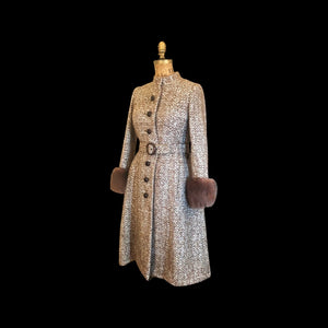 Vintage 60s 70s Women's Coat Mohair Wool Knitted Couture Made in Paris France Belt Fit Flare Princess Trim