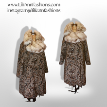 Load image into Gallery viewer, 60s Mod Tapestry Carpet Coat Swing Coat Double Breasted Large Norwegian Fox Fur M//L/XL