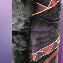 Load image into Gallery viewer, Purple Suede and Genuine Shearling Mosaic Coat with Fringe Western Aztec  Native Cowgirl Inspired Magenta Black and Gold