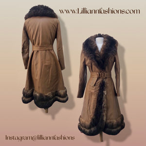 60’s 70’s Leather and Fur boho Princess Tan Brown Princess Fit Flare Coat Coachella Burning Man Autumn in New York