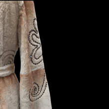 Load image into Gallery viewer, Embroidered Mocha Cream Colored Ombré Sheared Fur Beaver Princess Coat with Crystal Accents Full Skirt and Flared Bell Sleeves Wearable Work of Art One of A Kind