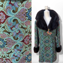 Load image into Gallery viewer, 60’s Vintage Tapestry Coat with Mink Trim Turquoise Pink Wool