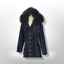 Load image into Gallery viewer, 70’s Vintage Black Princess Shearling and Faux Astrakhan Lamb Fabric hooded Fit and Flare Boho