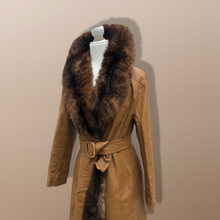 Load image into Gallery viewer, 70’s Caramel Leather Coat with Genuine Fur Trim Princess Fit and Flare Style
