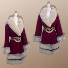 Load image into Gallery viewer, Women's Vintage Coat~ 70s Maroon Red Velveteen Velvet Shearling Tiered Princess Beaded  Belted Coat Fit Flare Penny Lane Almost Famous