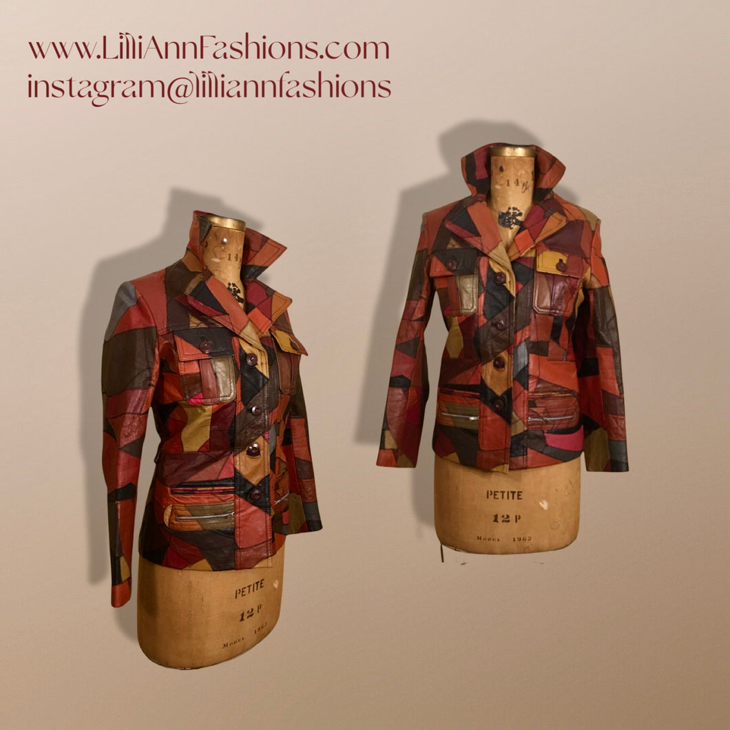70’s Vintage Patchwork Leather Jacket 38” Bust Boho Hippy Chic Short Leather Trench