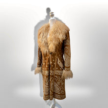 Load image into Gallery viewer, Boho Penny Lane Caramel Suede Sheepskin Curly Mongolian Lamb Intricate Embroidery Embroidered Coat Custom Made in France