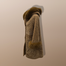 Load image into Gallery viewer, New Tan Shearling Lamb and Leather Fox Fur Hooded Coat Reversible Minimalistic