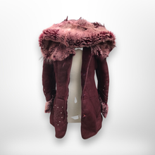 Load image into Gallery viewer, Italian made Purple Bergundy Lamb Leather and Shearling Hooded Studded Coat Jacket