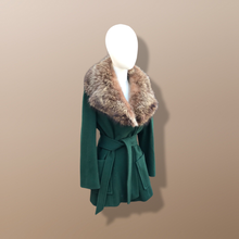 Load image into Gallery viewer, Vintage Forest Green 100% Wool Wrap Coat with Genuine Fur Collar