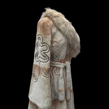 Load image into Gallery viewer, Embroidered Mocha Cream Colored Ombré Sheared Fur Beaver Princess Coat with Crystal Accents Full Skirt and Flared Bell Sleeves Wearable Work of Art One of A Kind