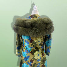 Load image into Gallery viewer, 60’s 70’s Tapestry Carpet Coat Blue Turquoise Green Beaded Belt Fur Fox Norwegian Collar