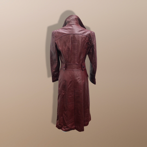 Vintage 70’s Leather Coat Trench Spy Collar Business Career Fitted Women’s Oxblood Maroon Bergundy