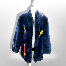 Load image into Gallery viewer, Zuki Style Ultra Soft Sheared Blue Beaver Fur Zip up Bomber Intarsia Falling Leaves