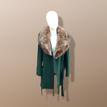 Load image into Gallery viewer, Vintage Forest Green 100% Wool Wrap Coat with Genuine Fur Collar