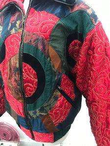 Vintage 80’s 90’s Neiman Marcus Puffer Real Down Feather Filled Mixed Media Red Nylon Tooled Leather and Velvet Chubby Coat Apres Ski