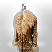 Load image into Gallery viewer, Boho Penny Lane Caramel Suede Sheepskin Curly Mongolian Lamb Intricate Embroidery Embroidered Coat Custom Made in France