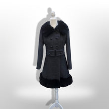 Load image into Gallery viewer, 60’s Vintage Black Wool Coat Fur Trim Sewn in Matching Belt