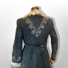 Load image into Gallery viewer, 70’s Embroidered Shearling Blue Suede Coat Boho Penny Lane Hippy Chic