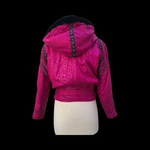 80’s 90’s Hot Pink Hooded Ski Windbreaker Jacket Cropped Tapered Waist Southwestern Aztec Trim