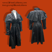 Load image into Gallery viewer, Vintage GLAM 80’s 90’s Rare Leather Long Cape Coat 38”Bust with Wide Belt Fitted and Flared Studio 54 Couture Super Model Runway The Matrix Goth SuperGlam
