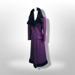 60’s 70’s Plum Purple Long Princess Coat with Sharp Tailoring and Faux Fur Trim