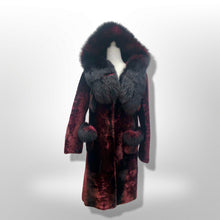 Load image into Gallery viewer, Genuine Fur Hooded Coat Shearling and Fox Fur Bergundy Iridescent and Black Gothic Ombré Victorian