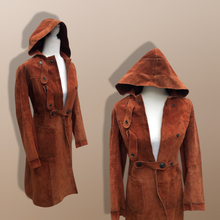 Load image into Gallery viewer, 70’s Vintage Suede Hooded Orange Rust Coat Small Petite Heavy Duty Snap Closure