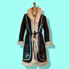 Load image into Gallery viewer, Vintage Coat- 70s Afghan Embroidered Turquoise Blue Sheep Shearling Sheepskin Suede Penny Lane Princess Coat Fit Flare S M Boho Hippy