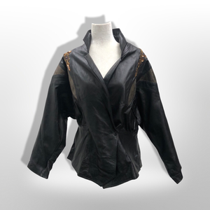 80’s Black Leather Jacket Glam Gold Beaded and Embroidered Studio 54 David Bowie Style Dolman Sleeve