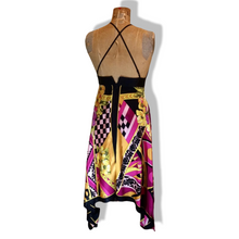 Load image into Gallery viewer, Maxi Dress Asymmetrical Silk Made in Paris V Neck Pink Magenta Yellow Floral and Geometric S/M