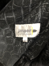 Load image into Gallery viewer, Black Hooded Shearling Suede Coat Alligator Print with Full Shearling Lining