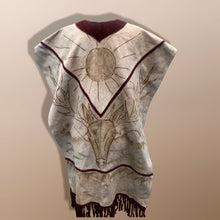 Load image into Gallery viewer, 70’s Suede Poncho Cape Equestrian Serape with Carved Two Bulls Fighting Scene Fringe Border One Size Fits All Cowboy Cowgirl Unisex Southwestern Mexican Native Boho One of A Kind