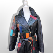 Load image into Gallery viewer, 70s Leather Coat l Black Patchwork Fit Flare Trench Spy Boho Studio 54 Mosaic boho chic One of a Kind