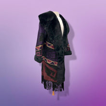 Load image into Gallery viewer, Purple Suede and Genuine Shearling Mosaic Coat with Fringe Western Aztec  Native Cowgirl Inspired Magenta Black and Gold