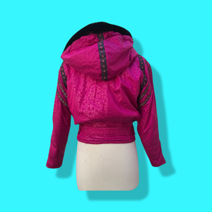 80’s 90’s Hot Pink Hooded Ski Windbreaker Jacket Cropped Tapered Waist Southwestern Aztec Trim