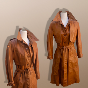 70’s Vintage Two Piece with Removable Vest with Coat Leather Caramel Colored Trench Spy Coat Belted