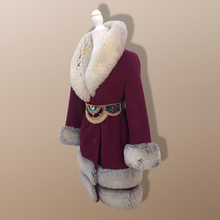 Load image into Gallery viewer, Women's Vintage Coat~ 70s Maroon Red Velveteen Velvet Shearling Tiered Princess Beaded  Belted Coat Fit Flare Penny Lane Almost Famous