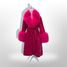 Load image into Gallery viewer, Vibrant Pink Leather and Fox Fur Trench Fit and Flare Pinup Coat