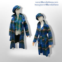 Load image into Gallery viewer, Made in Scotland Scottish Pure Mohair and Wool Plaid Coat Hat Scarf Three Piece Set Blue Yellow Wrap Style