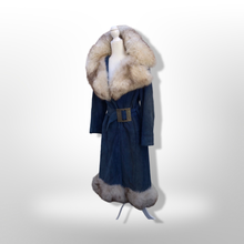 Load image into Gallery viewer, 1970’s Vintage Blue Suede and Fox Fur Belted Bohemian Boho Chic Princess Hippy Burning Man Coachella Festival Fall Winter Coat