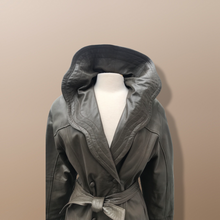 Load image into Gallery viewer, Italian Leather Coat Full Length Scalloped Collar Fit Flare Princess Belted