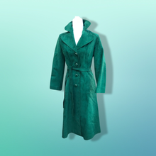 Load image into Gallery viewer, Emerald Green Suede 70’s Coat Rounded Collar Studio 54 Trench Spy Coat
