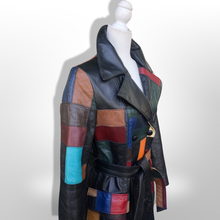 Load image into Gallery viewer, 70s Leather Coat l Black Patchwork Fit Flare Trench Spy Boho Studio 54 Mosaic boho chic One of a Kind