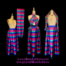Load image into Gallery viewer, Rainbow Thai Silk Skirt Scarf Set Top Striped Pleats DEADSTOCK New Smithsonian Set Vibrant Colors-Magenta Royal Blue Red Green