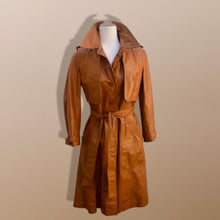 Load image into Gallery viewer, 70’s Vintage Two Piece with Removable Vest with Coat Leather Caramel Colored Trench Spy Coat Belted