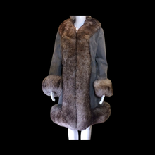 Load image into Gallery viewer, 70S Penny Lane Tuxedo Coat Hat Set Grey Suede Sheep Shearling Lamb Almost Famous Afghan Fall Winter 70s Coat Hippy Princess Russian S/M/L