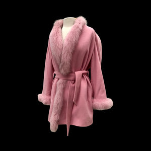 Bill Blass Vintage Pink Wool and Fox Fur Wrap Coat Soft