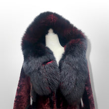 Load image into Gallery viewer, Genuine Fur Hooded Coat Shearling and Fox Fur Bergundy Iridescent and Black Gothic Ombré Victorian