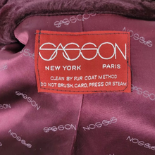 Load image into Gallery viewer, Vintage Red Wine Bergundy 80’s Does 40’s Puff Sleeve Coat Faux Fur with Leather Intarsia Glam Old Hollywood Glamour Vegan